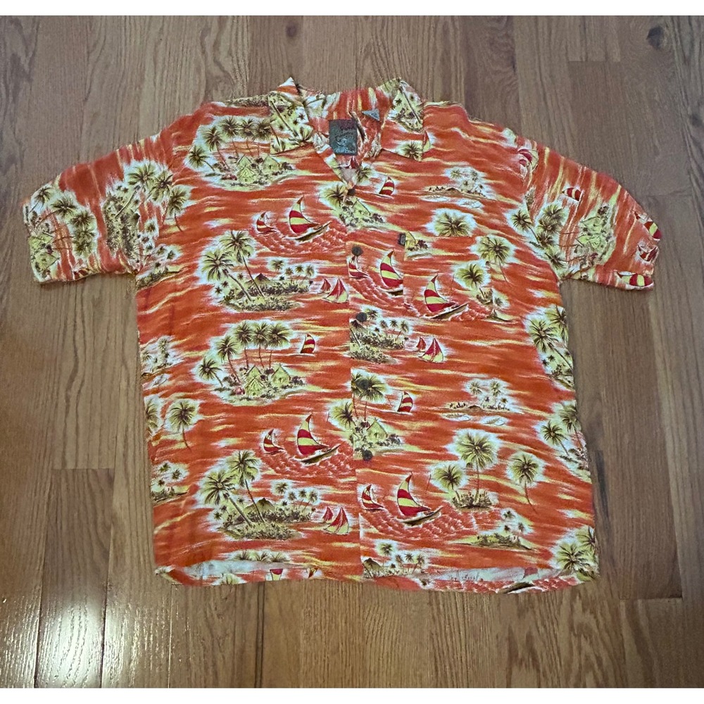 Pineapple Connection Mens Hawaiian Shirt L Orange Rayon Sunset Sailboat Tropical